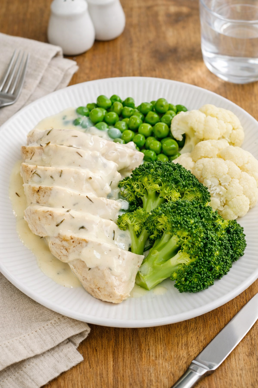 Creamy Chicken with Broccoli, Cauliflower and Peas