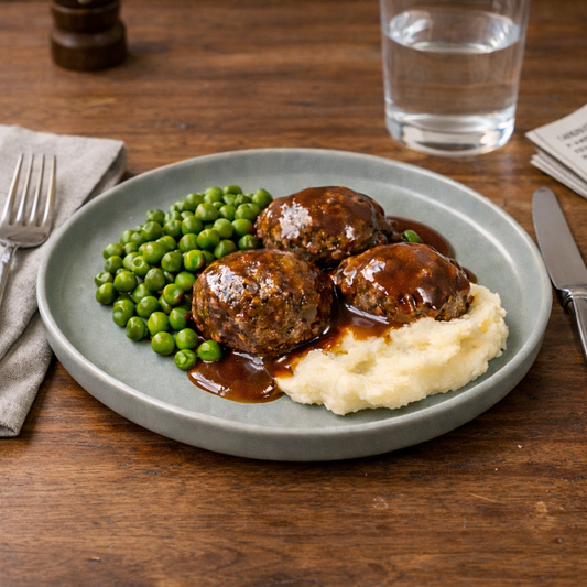 Rissoles with Mash, Gravy and veggies