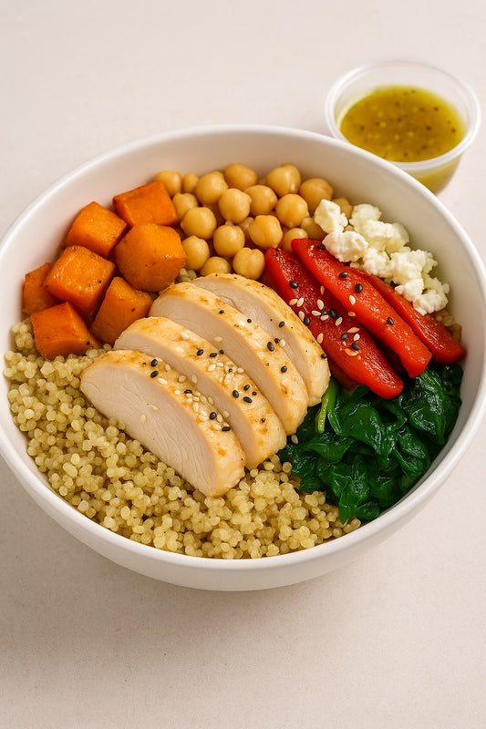 Protein Power Bowl with Sous Vide Chicken, Roast Veg & Sesame Crunch